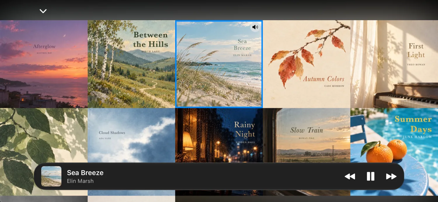 Albums shown as a wall of covers, with the mini player